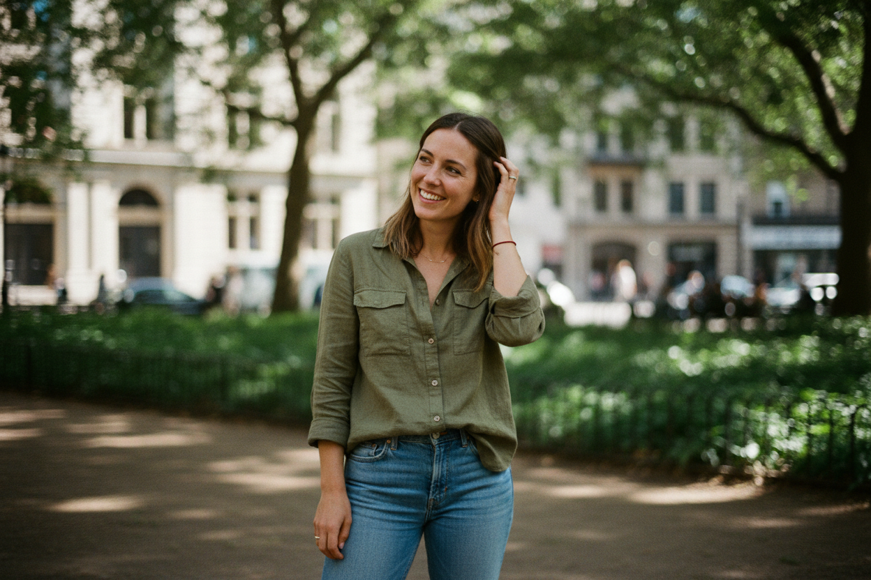 maak een realistische foto van een random vrouw waarbij je haar goed kan zien. moet spontaan lijken ergens buiten